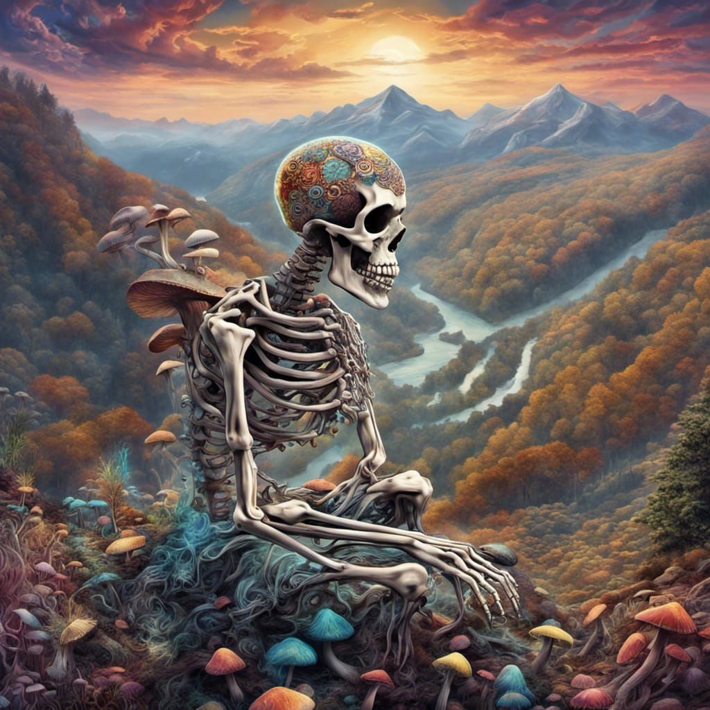 Psychedelic Skeleton Praying Over Mushroom Valley