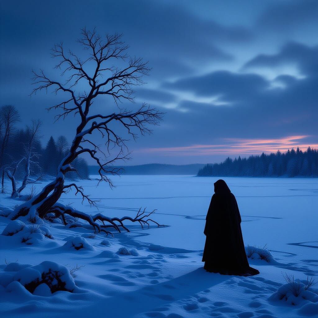 Figure on Frozen Lake Under Twilight Sky