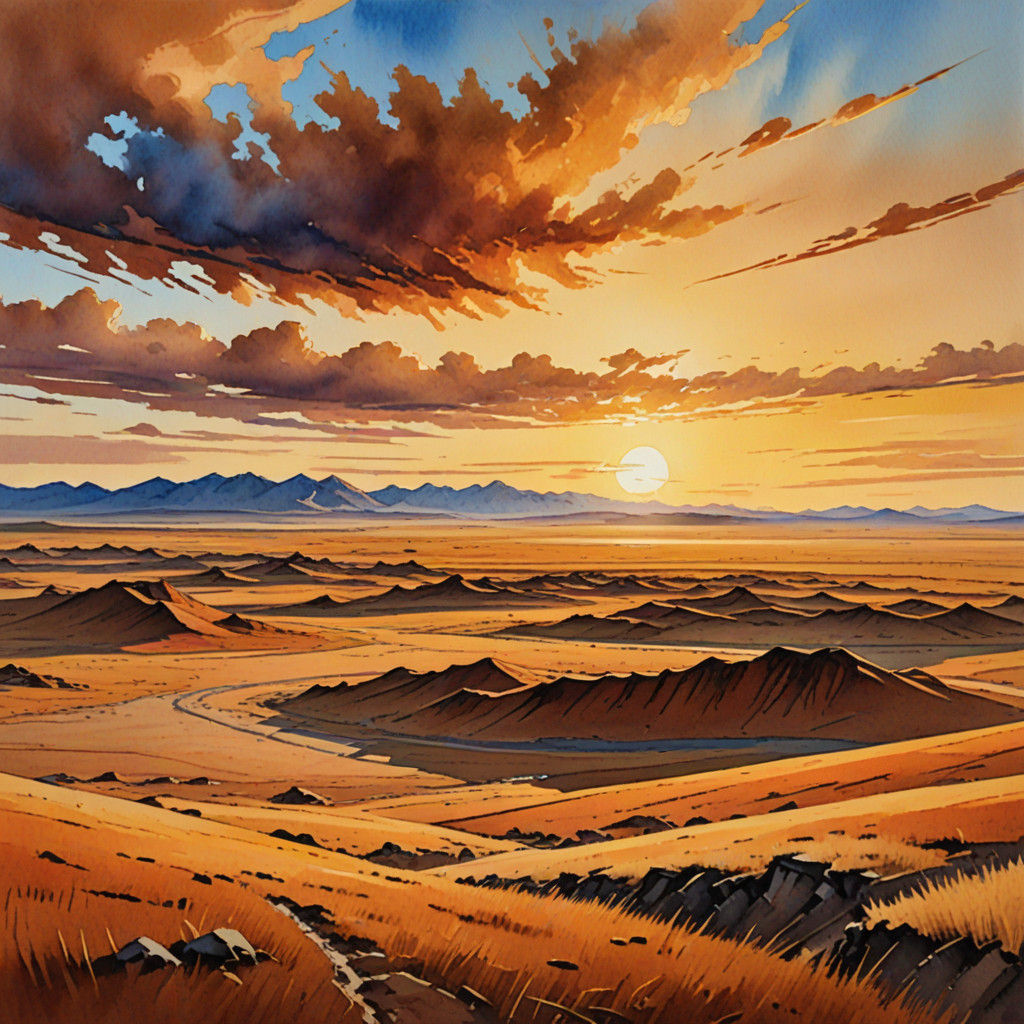Mongolian Sunset Landscape in Vibrant Gouache