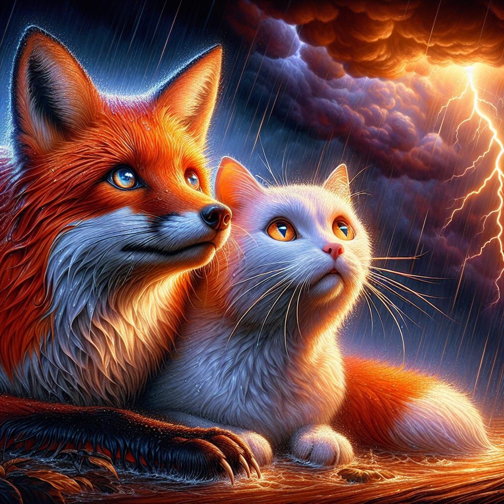Vibrant Fox and Cat Find Shelter Together in Stormy Night