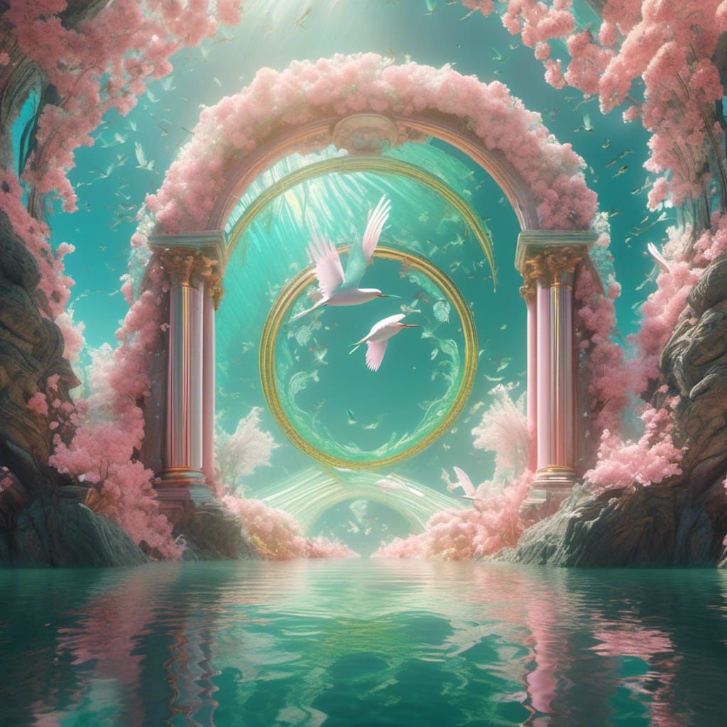 A gorgeous light pink  aqua green and gold colored,  beautif...