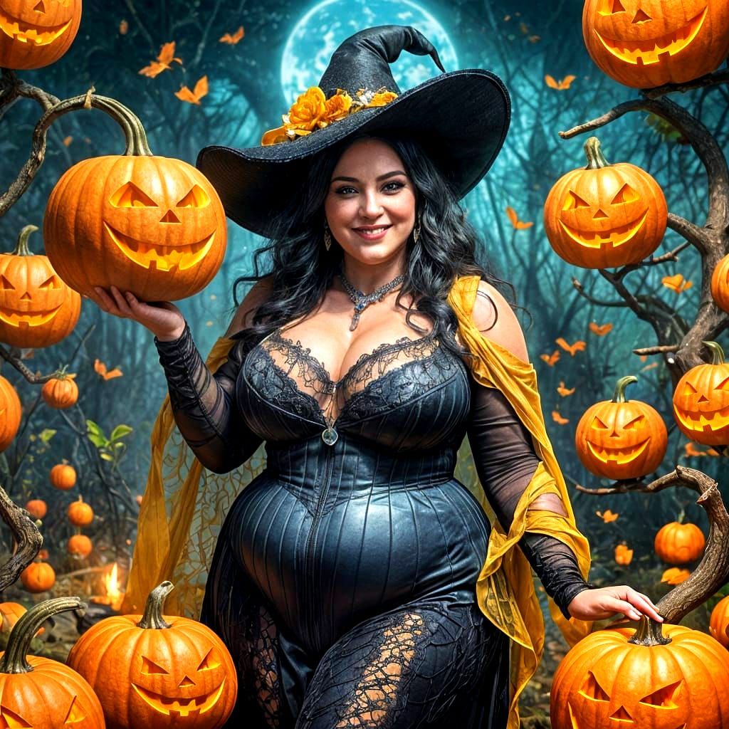 Chubby Witch on Pumpkin in Fantasy Concept Art
