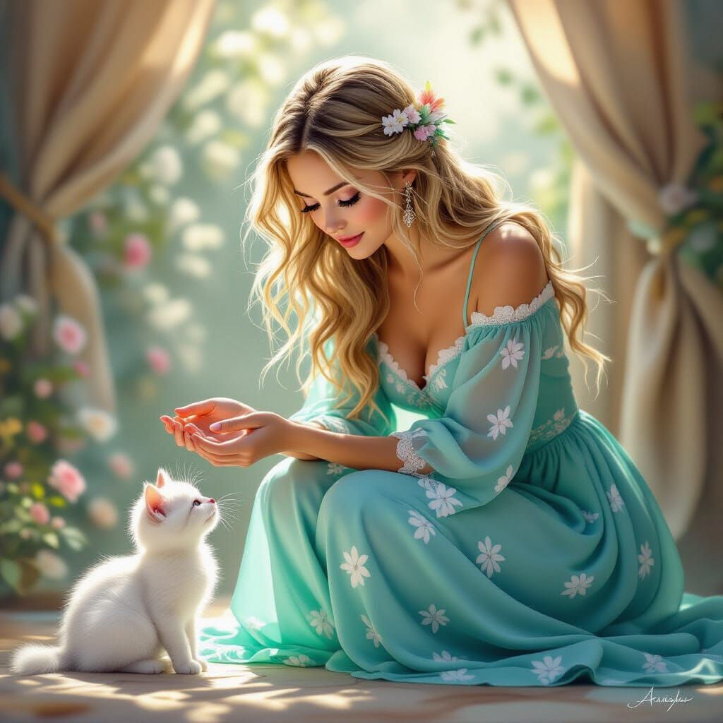 Woman and Kitten in Whimsical Art Style