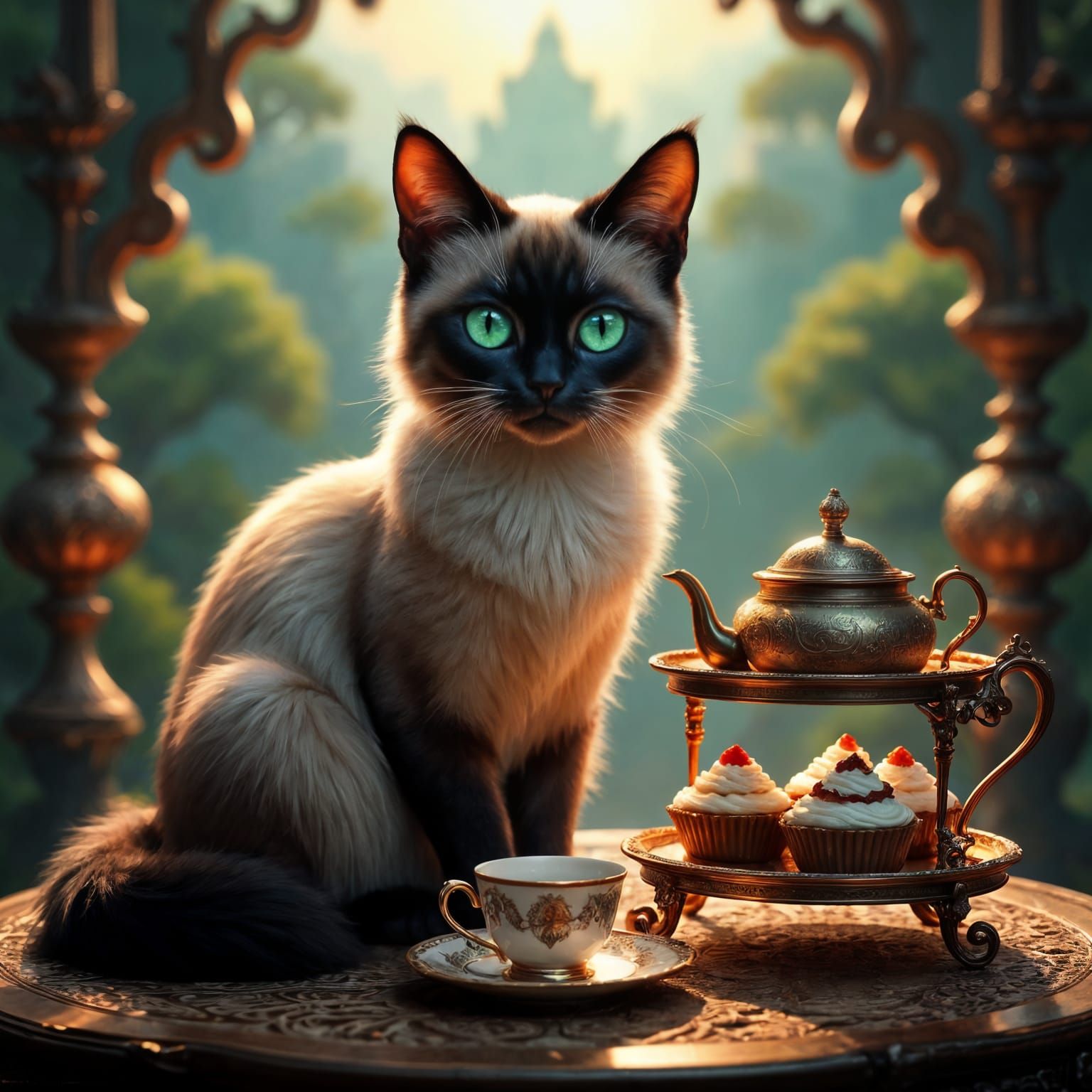 Siamese Cat with Ornate Teacart and Detailed Cakes