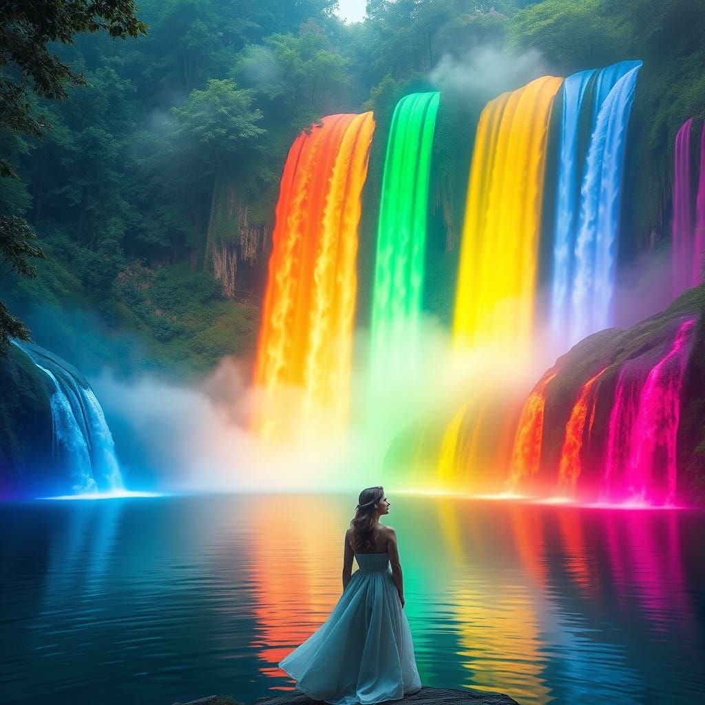 Woman Amidst Rainbow Waterfalls in Vibrant Forest