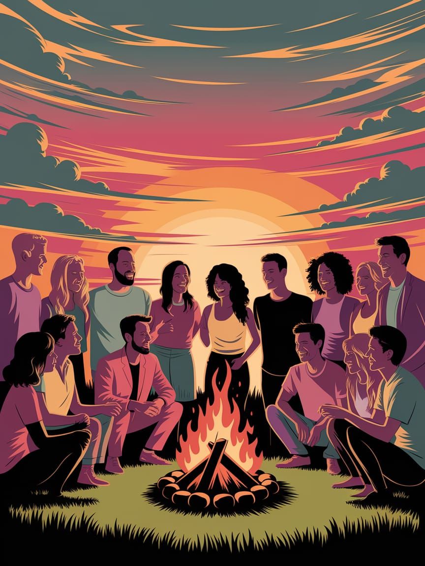 Vibrant Sunset Gathering in a Joyful Campfire Scene