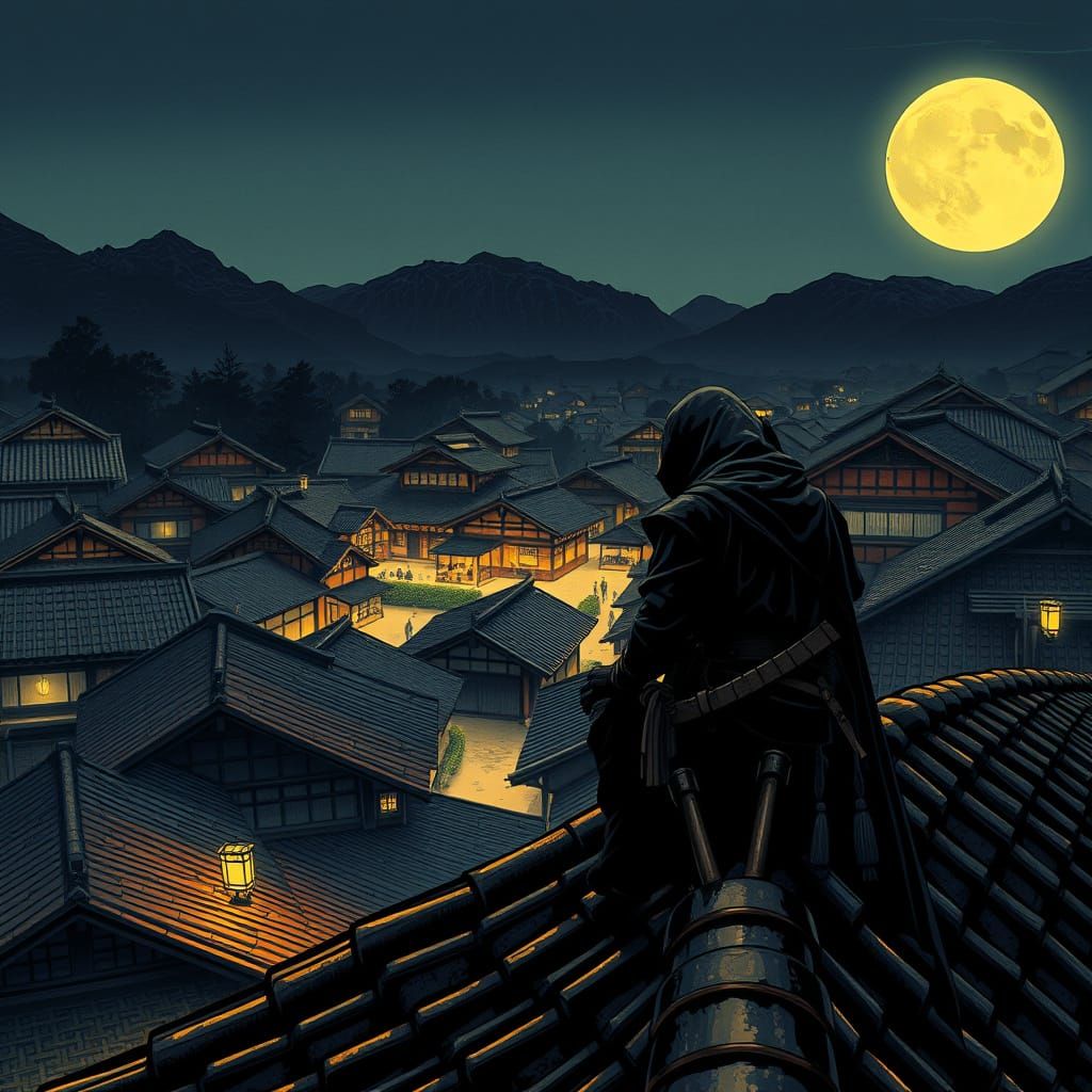 Stealthy Ninja Watches Over Japanese Village by Moonlight