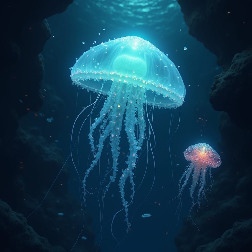 Bioluminescent Jellyfish in Deep-Sea Cave, Digital Painting
