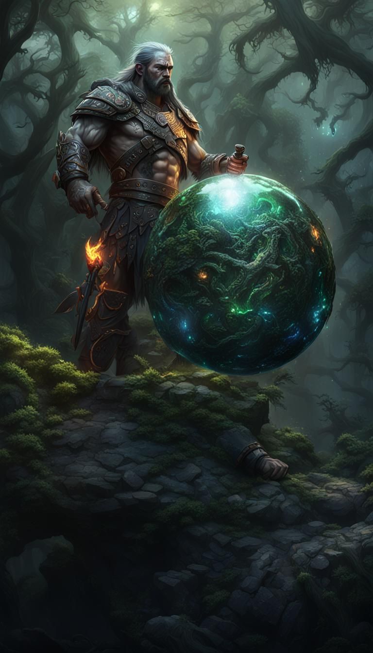 Dark Fantasy Warrior with Crystal Ball in Woods