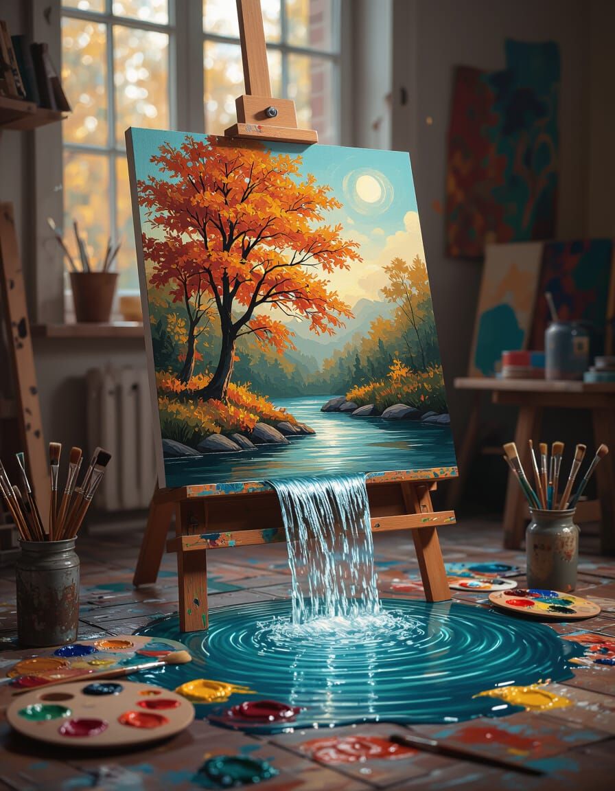 Autumn Tree Waterfall Escapes Canvas in Painterly Realism
