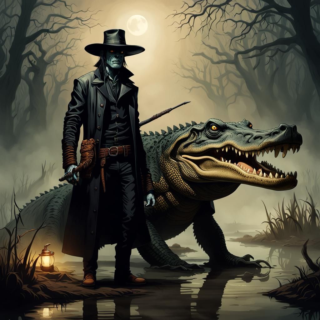 Skeletal Cowboy in Misty Swamp: Dark Fantasy Illustration