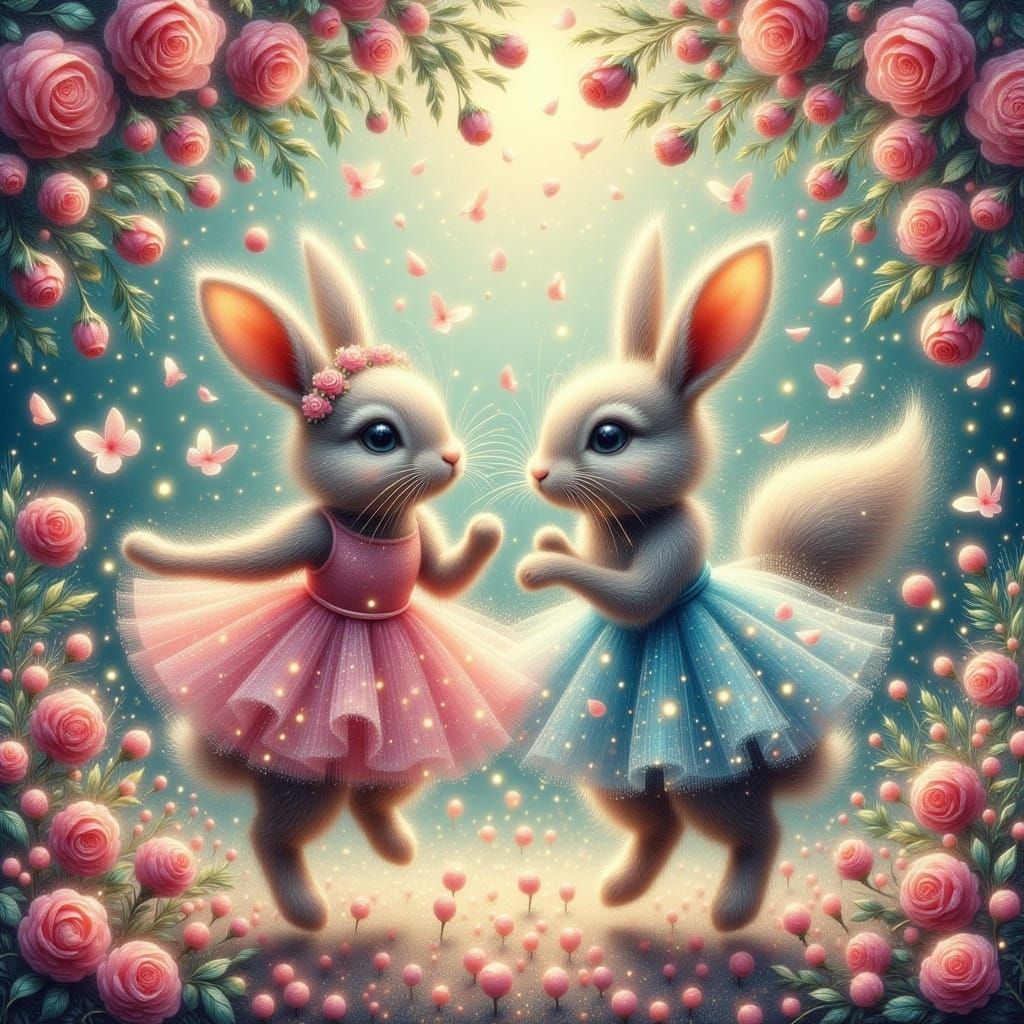 Impressionistic Fantasy Rabbits Dancing in Rose Petals