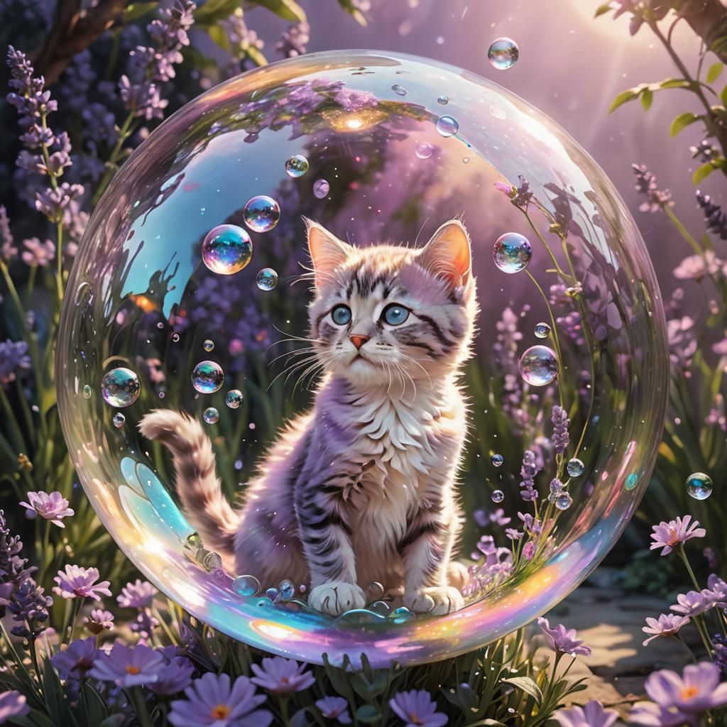 Lavender Kitten Floating in Bubble Above Mystical Garden