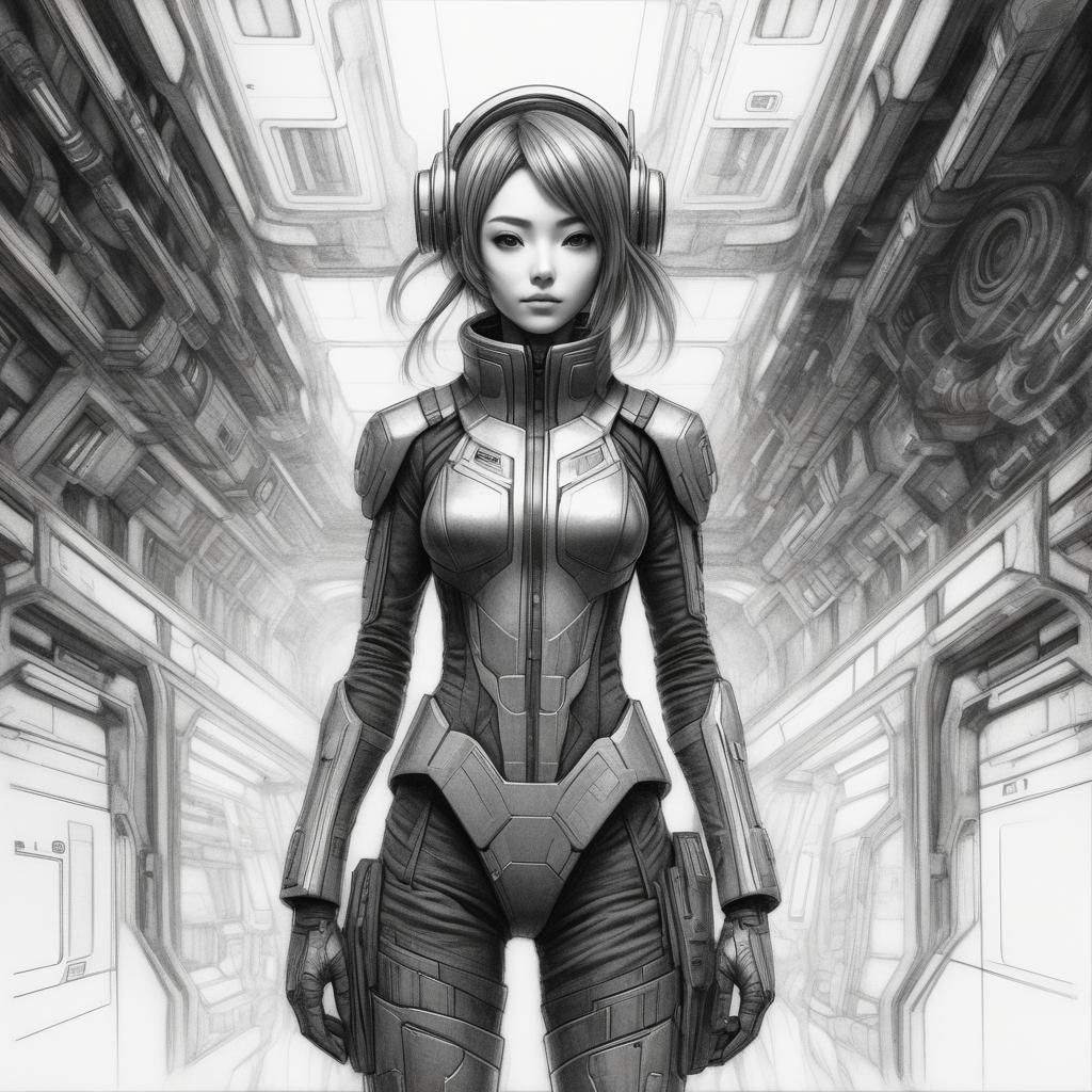 Hyperdetailed Sci-Fi Anime Girl Charcoal Drawing