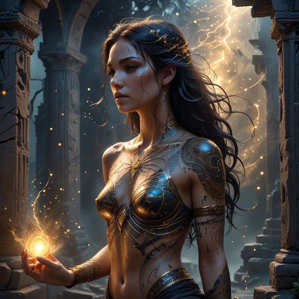 Woman With Glowing Tattoos in Misty Ruins