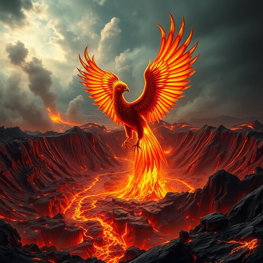Phoenix Rising from Volcanic Caldera in Baroque Style