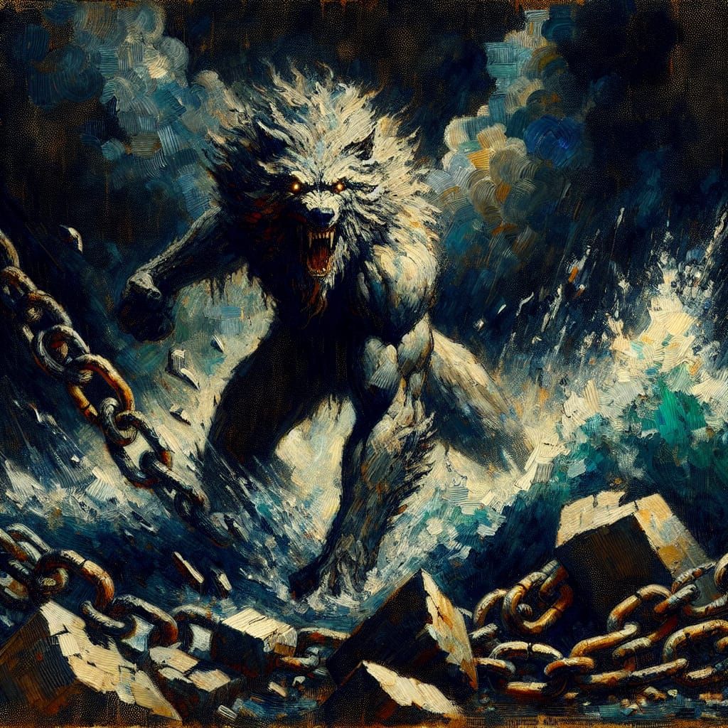 Fenrir Breaks Free: An Expressionist Painting of Raw Power