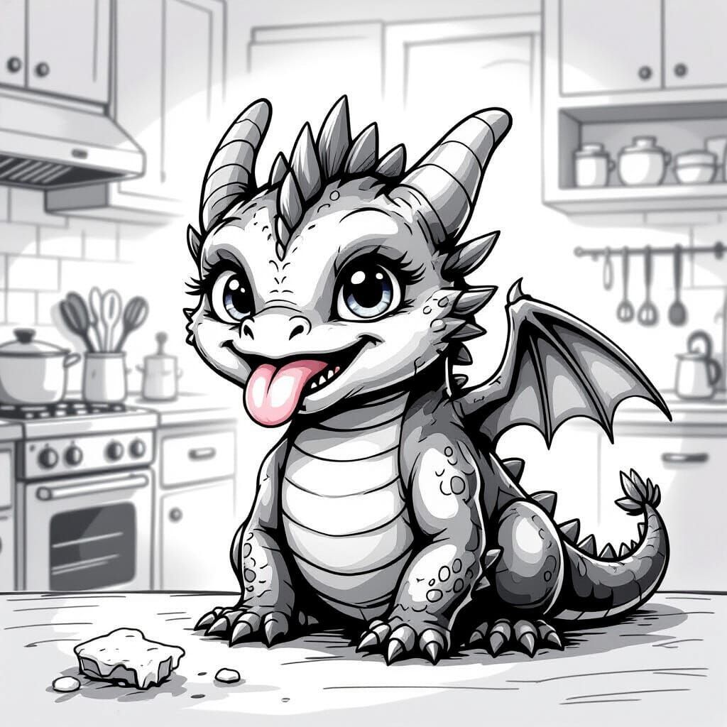 Playful Baby Dragon in Black and White Ink