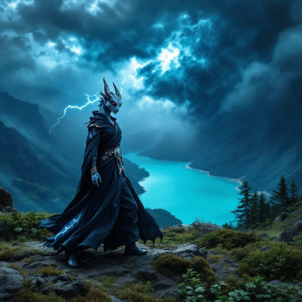 Martial Arts Dragonborn Under Starry Sci-Fi Night Sky