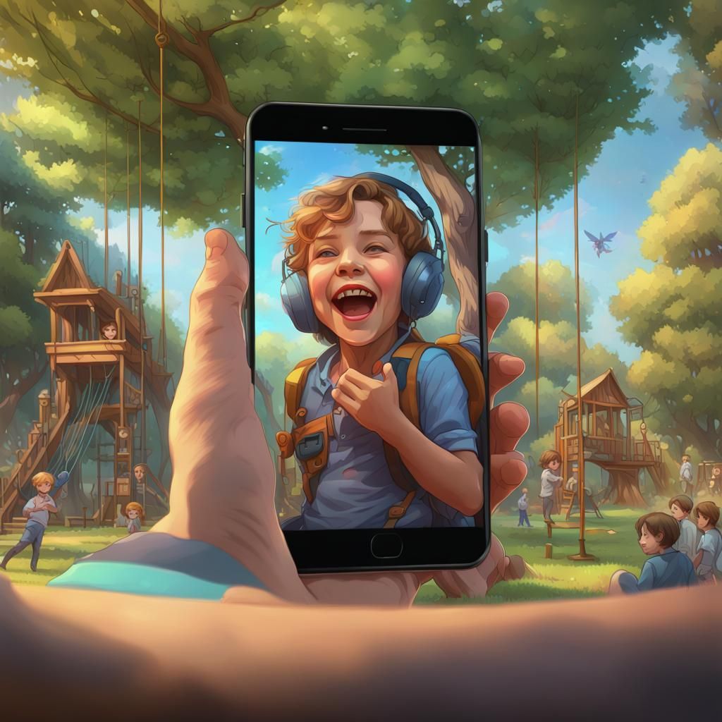 Kids Playing on Phone Screen: Hyperdetailed Concept Art