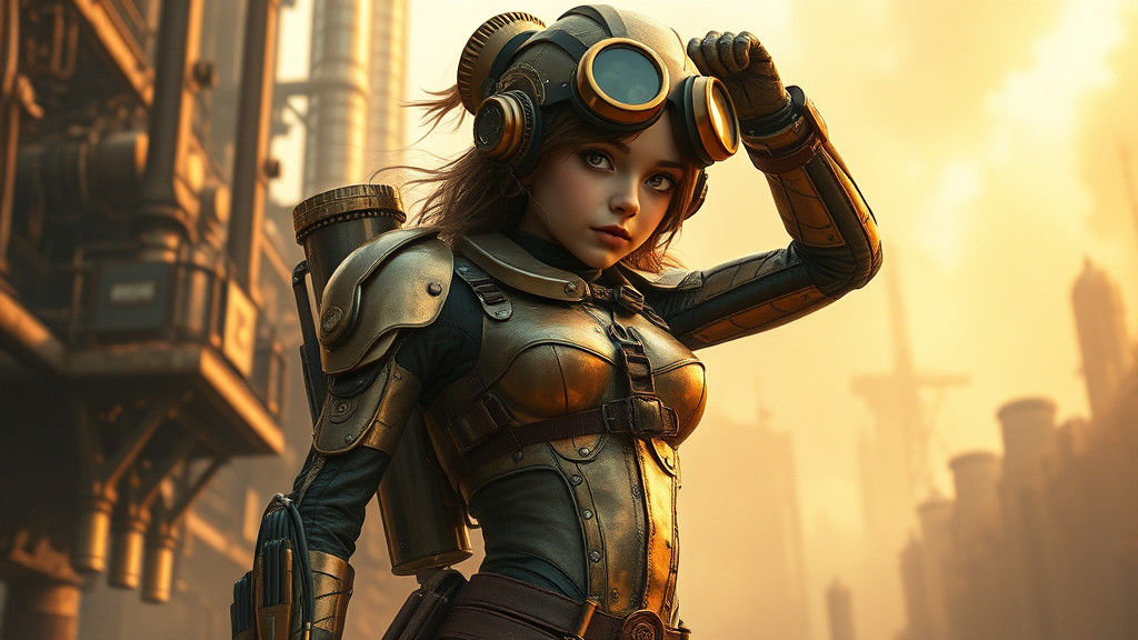 Steampunk Girl in Exosuit Against Golden Industrial Mist