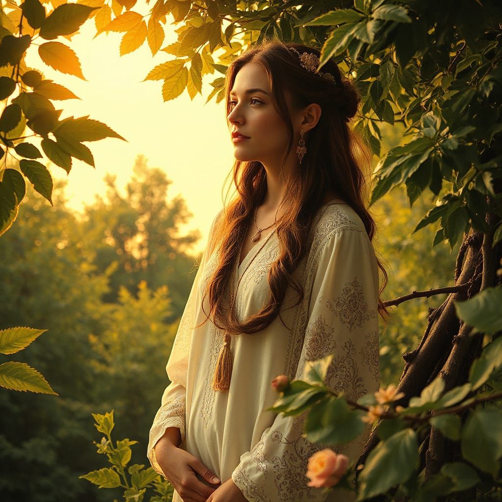 Serene Woman in Golden Light Amidst Nature