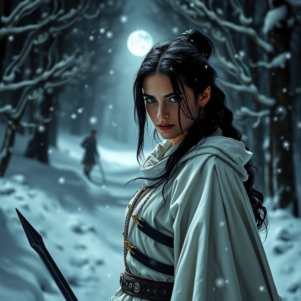 Woman Warrior in Snowy Forest: Hyperrealistic HDR Portrait