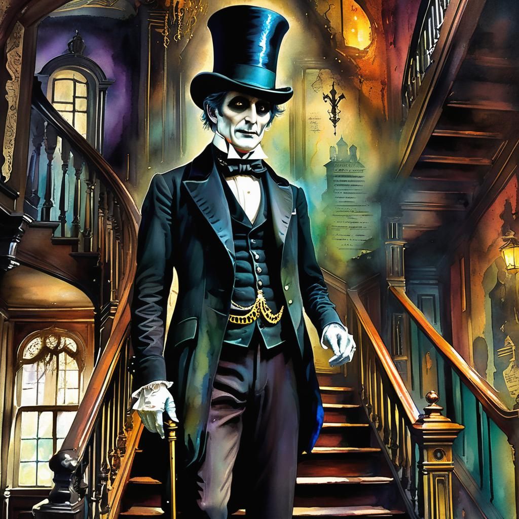 Sinister Victorian Man on Haunted Staircase in Watercolor