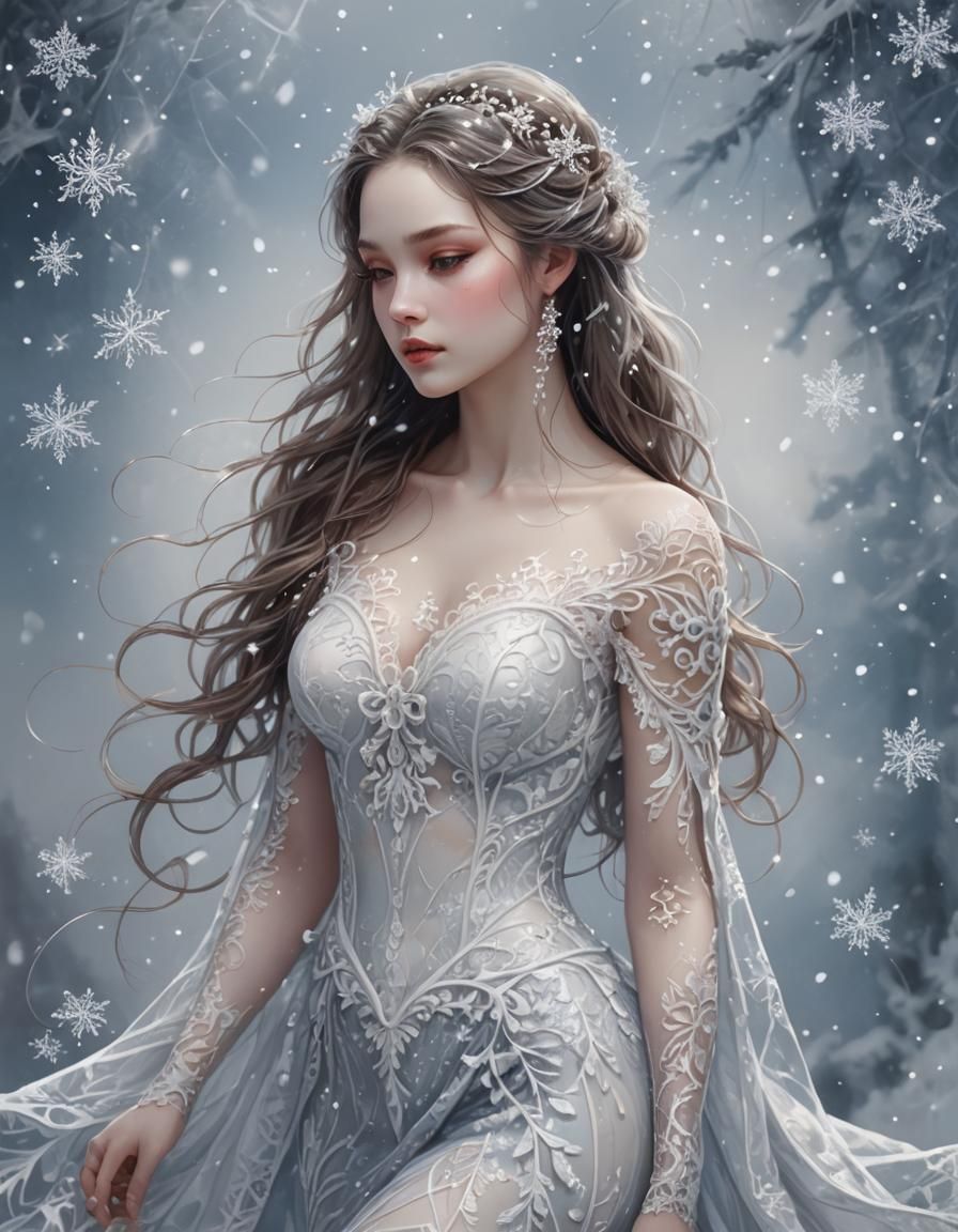 Ethereal Ice Goddess in Painted Illustration