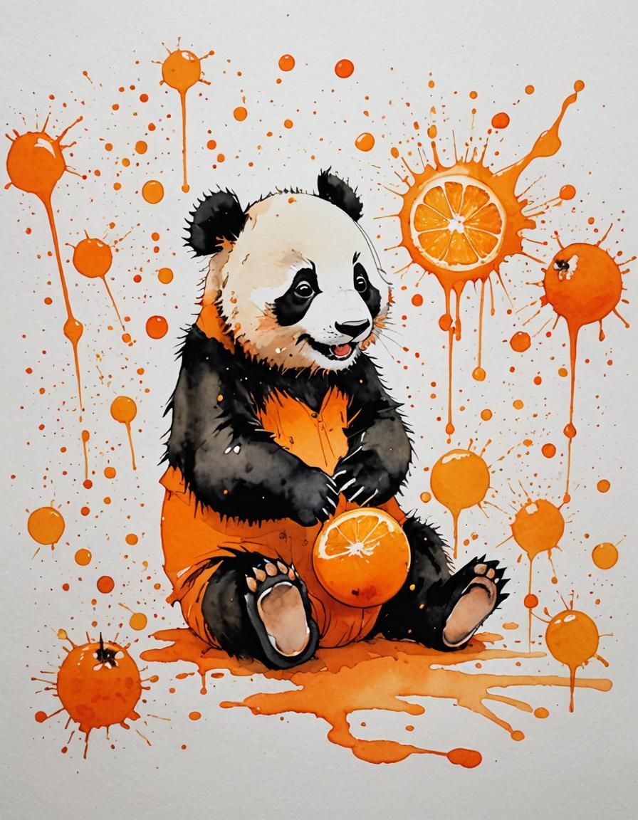 Baby Panda's First Orange: Watercolor Illustration