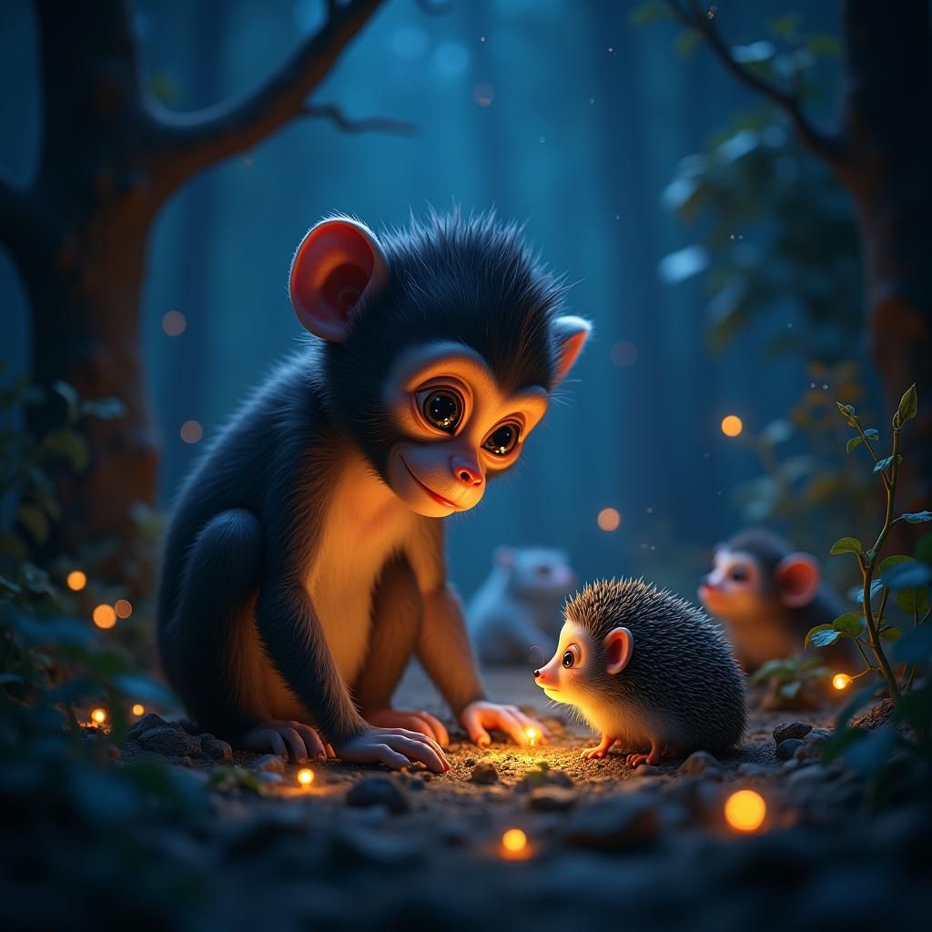 Enchanted Forest Scene with Monkey and Hedgehog