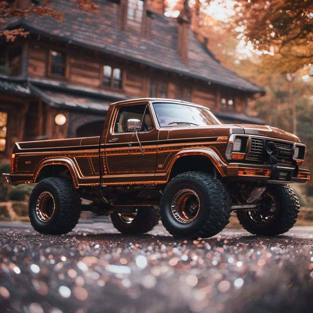 /imagine prompt: a metallic brown, lifted 1978 ford f150 truck shining like a diamond. <lora:Vehicle:1.0>