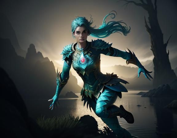 Heroic Amphibioid at Mystical Lake in 3D Game Style