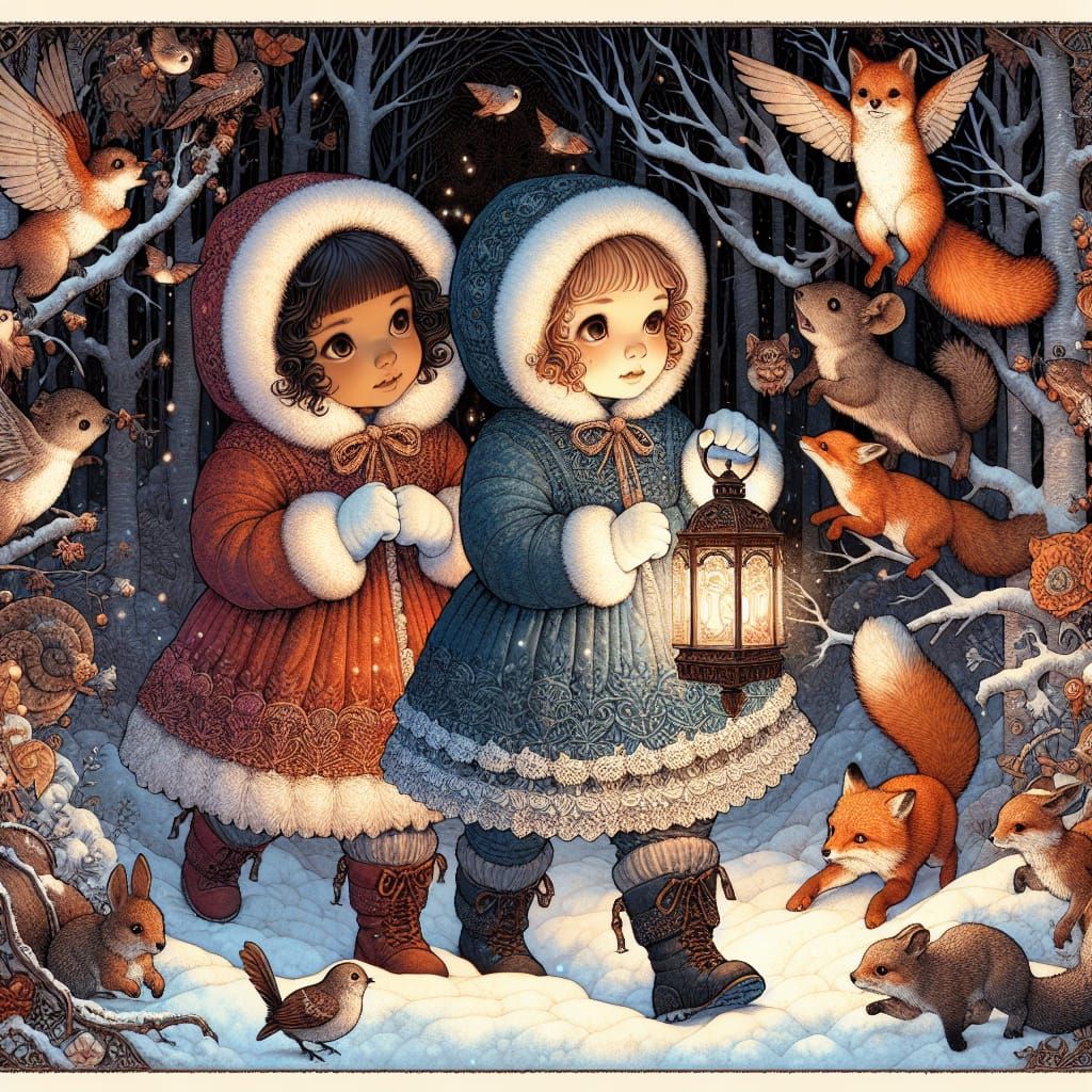Girls in Winter Forest with Lantern, Gothic Romanticism