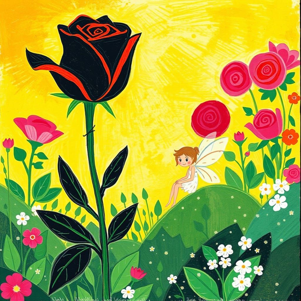 Whimsical Fairy and Black Rose Crayon Drawing
