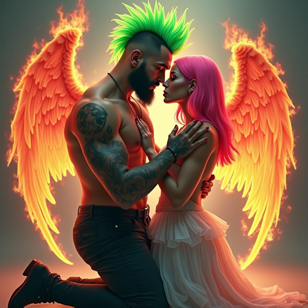 Hyperrealistic Angel Couple in Vibrant Neon Flames