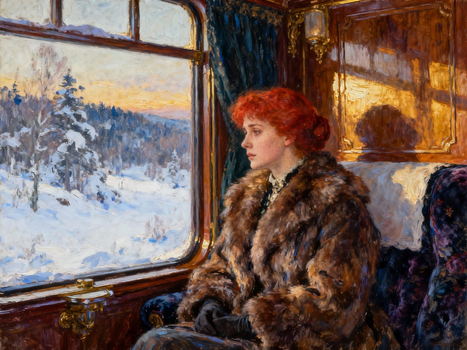 Redhead Woman's Melancholy Train Journey in Golden Hour Oil ...