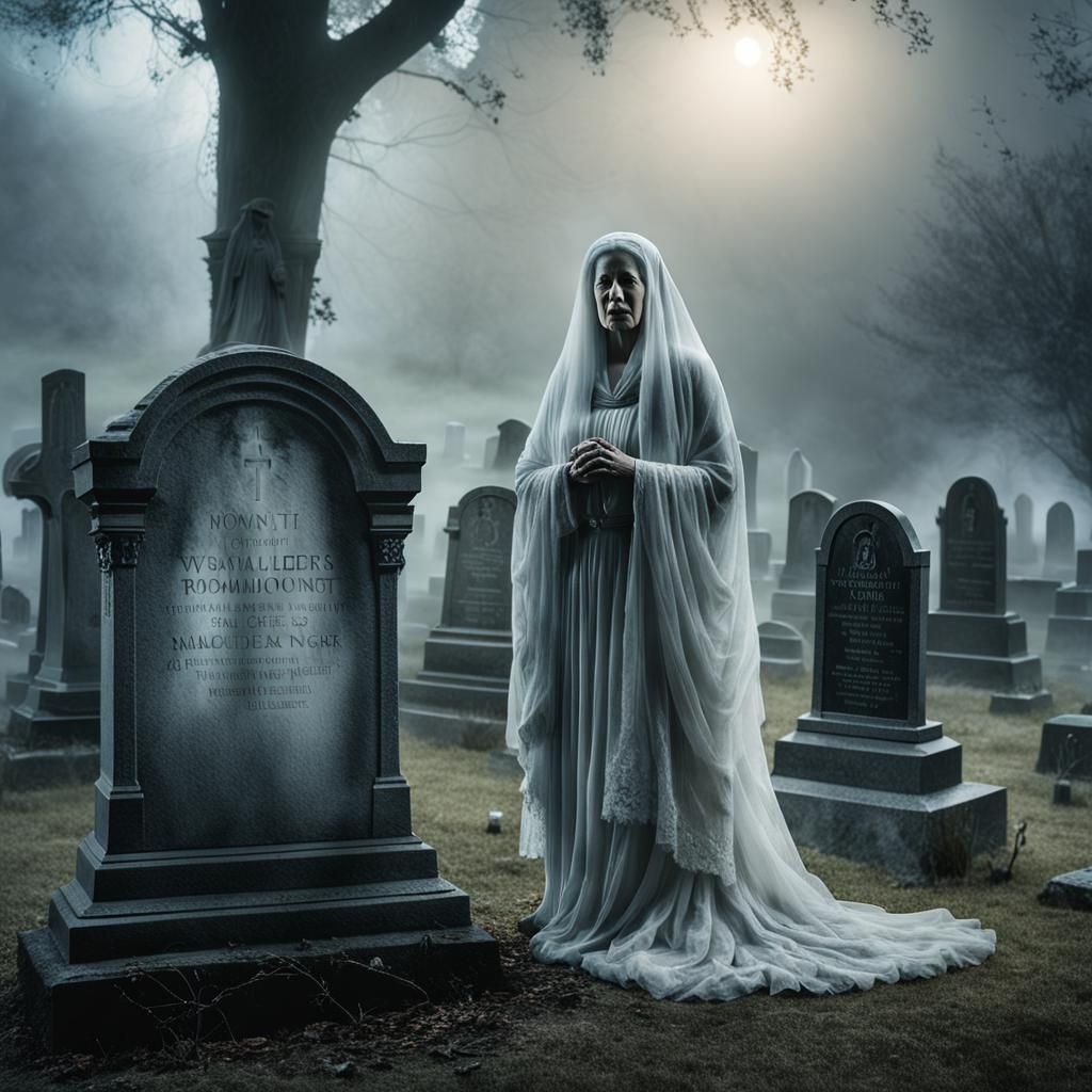Ethereal Ghost Portrait in Graveyard, Photorealistic Style