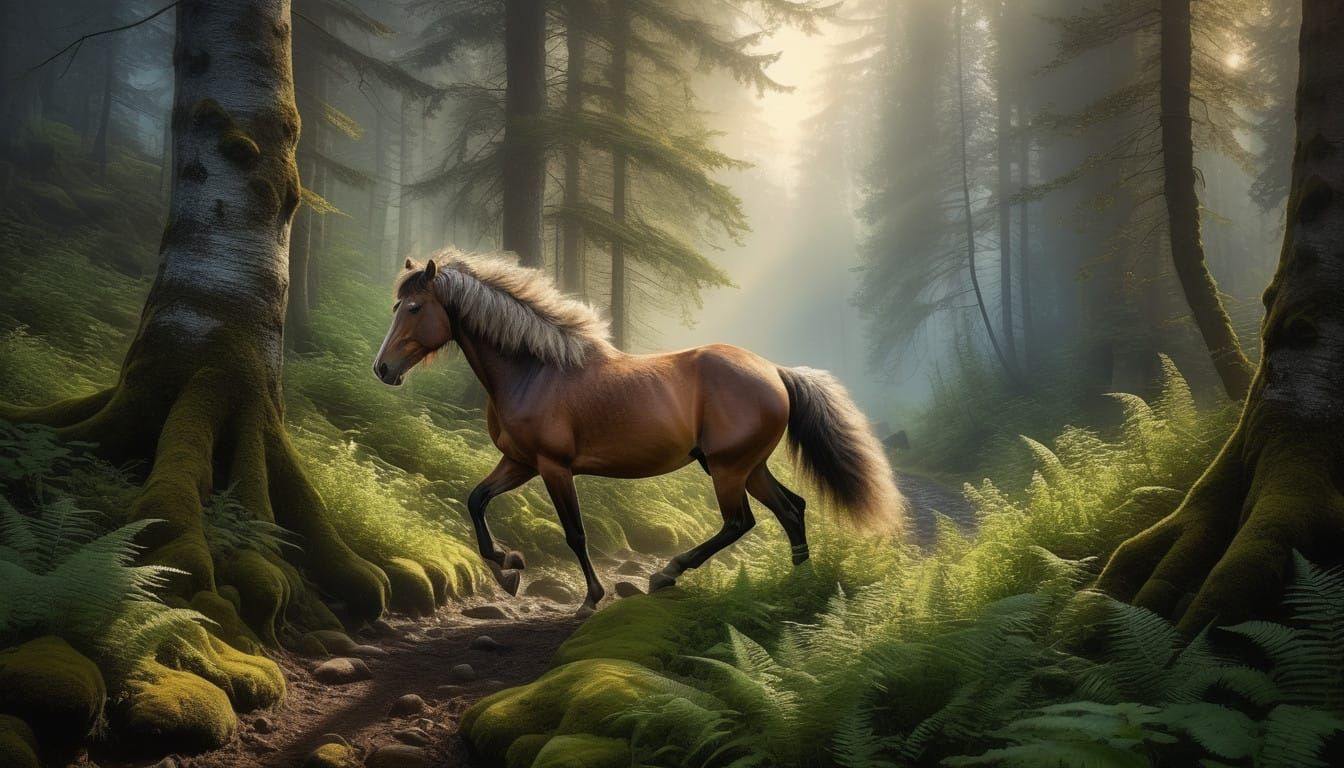 Majestic Shaggy Haired Horse in Vibrant Wild Forest