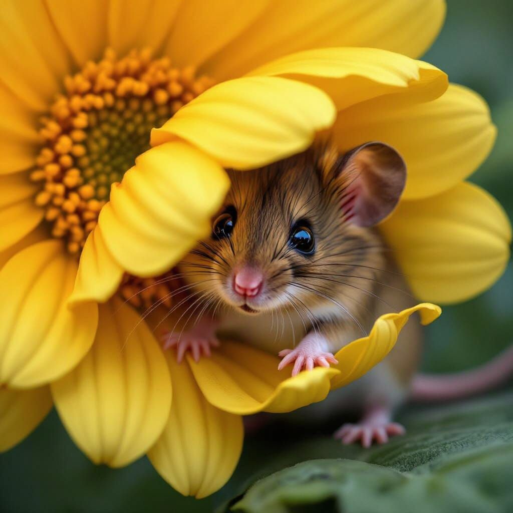 Mouse in Ethereal Fantasy Style Hiding Behind Flower