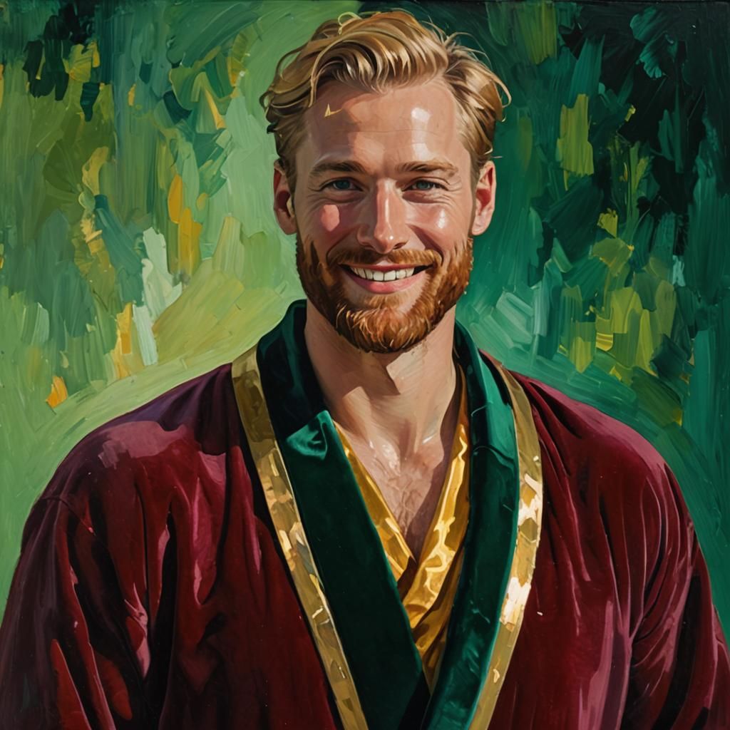 Smiling Nordic Man in Velvet Bathrobes, Neo-Impressionist Oi...