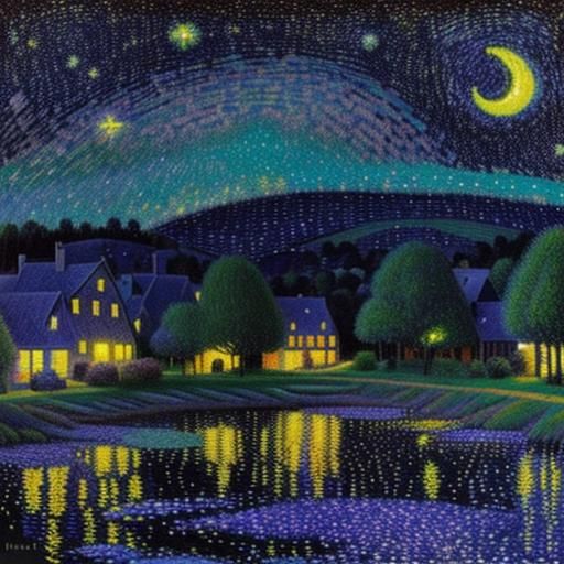 Pointillist Village Landscape Under Starry Night Sky