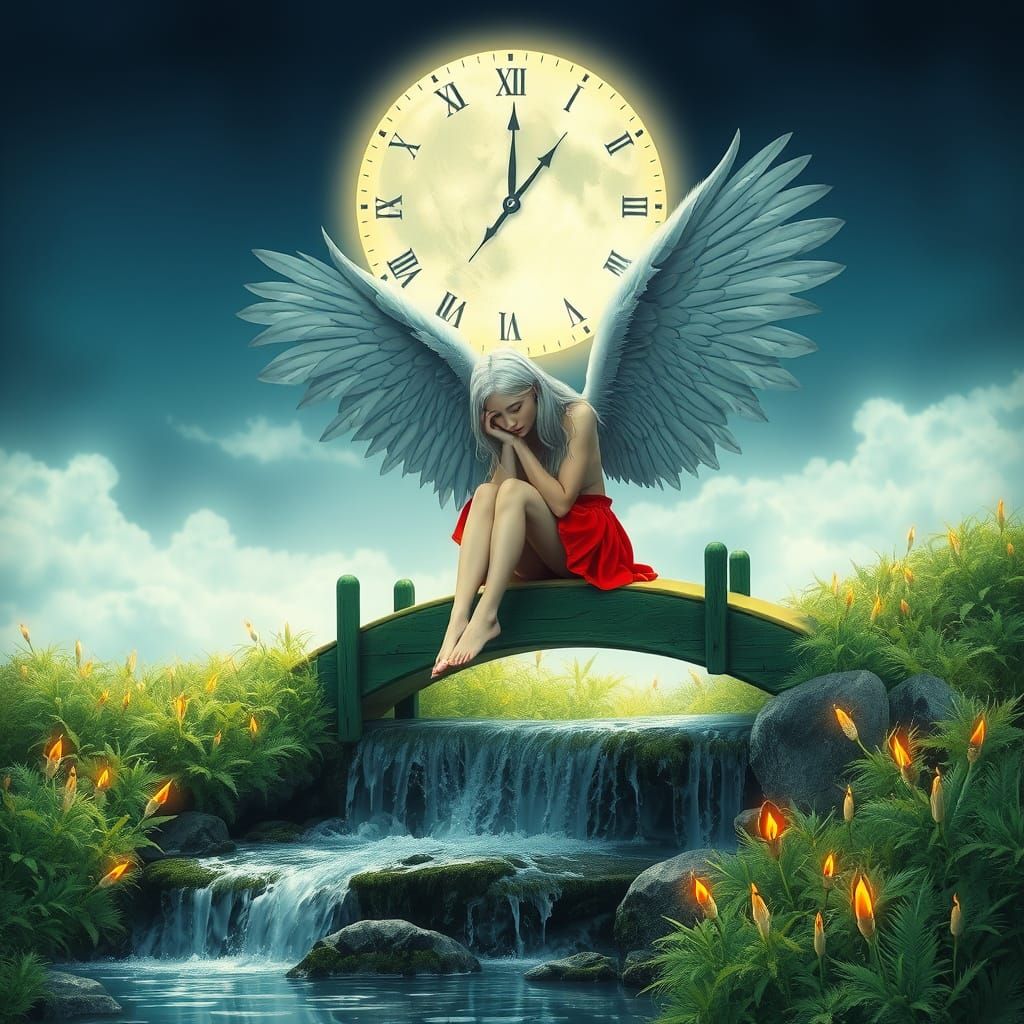 Serene Angel Sits on Wooden Bridge in Contemplative Pose