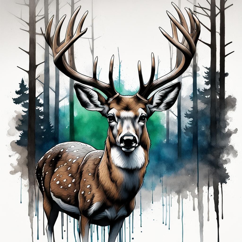 Whitetail Deer in Forest: Watercolor Line Drawing