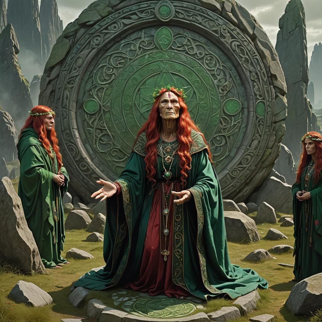 Elder Goddess in Green Robes, Adorned in Mystical Splendor
