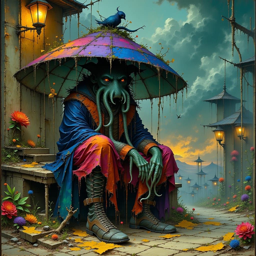 Mystical Octopi-Dragon Hybrid in Abandoned Carnival