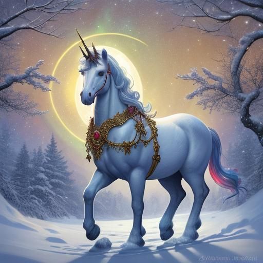 Gold Mane Unicorn in Snowy Woods Digital Painting