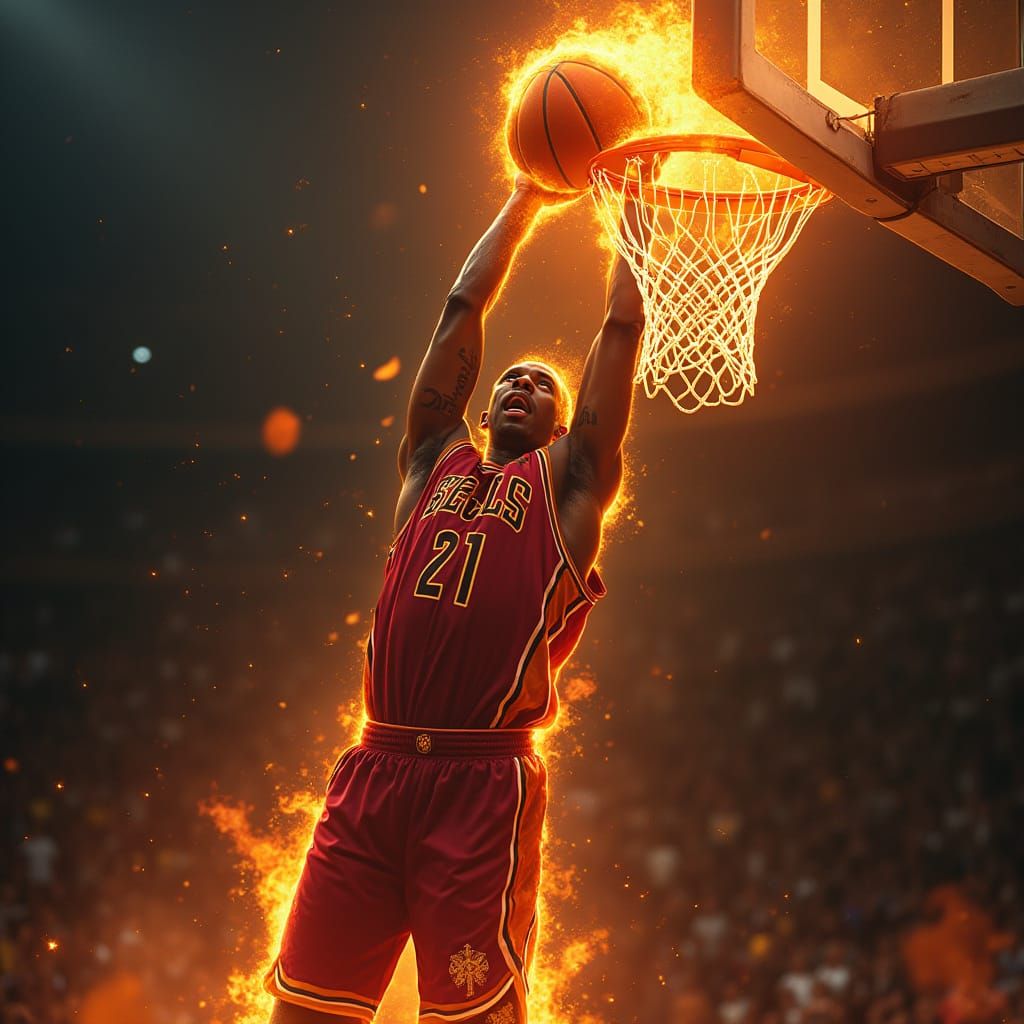 Fiery Basketball Dunk: Player on Fire in Action