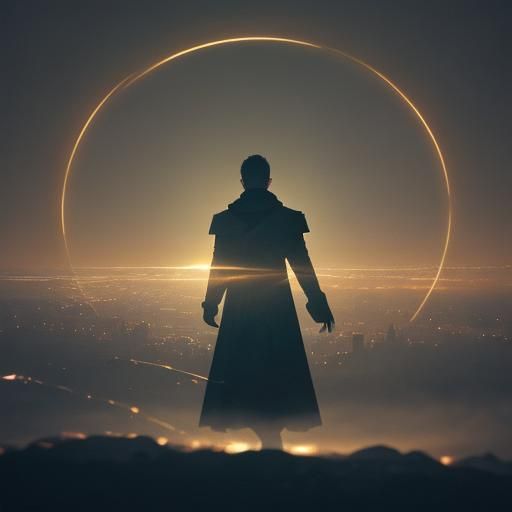 Radiant Person in Dreamlike Cityscape with Golden Light