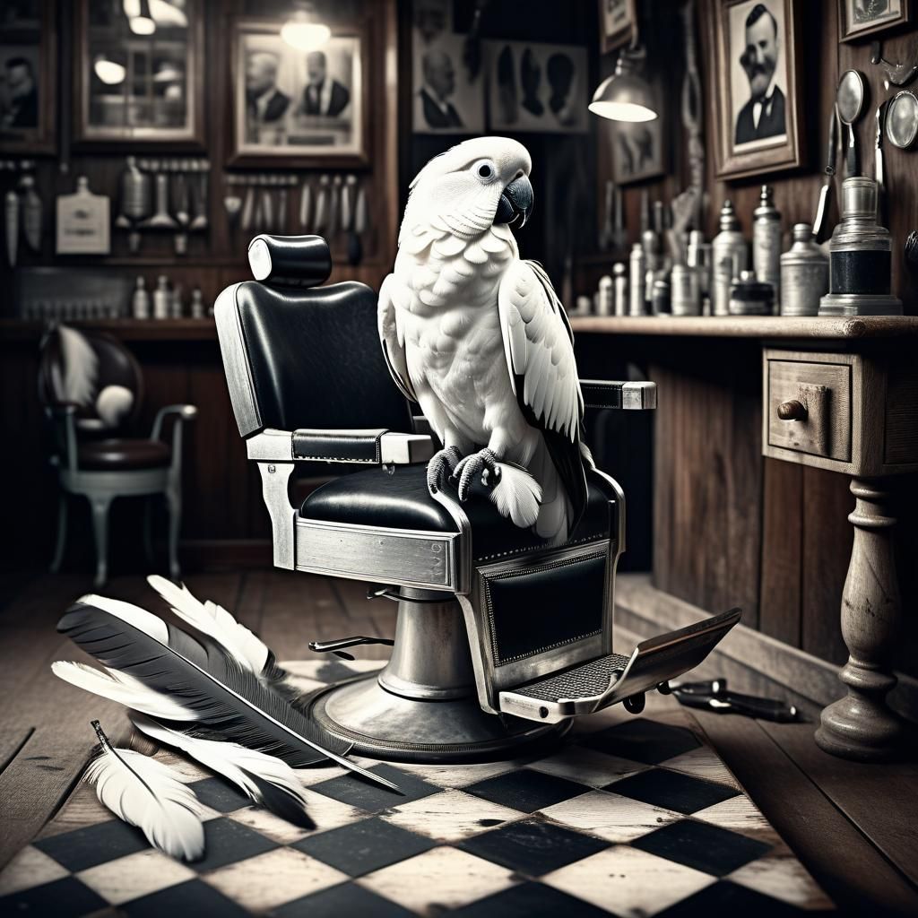 Cockatoo at a Retro Barber Shop in Monochrome